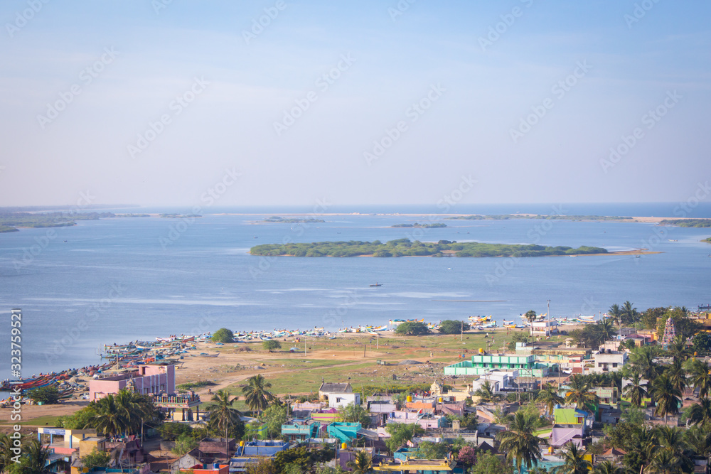 Breathtaking view of Pulicat(also called as Pazhaverkadu) Lagoon, Tamil Nadu, India. Aerial view of Pulicat lake and lagoon with fishing boats stationed around. Pulicat lake is in north of Chennai.