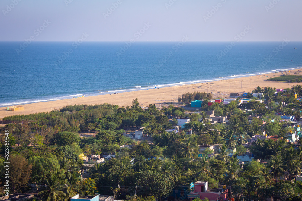 Breathtaking view of Pulicat(also called as Pazhaverkadu) village and the bay of bengal coastline, Tamil Nadu, India. Aerial view of Pulicat beach from Pulicat lighthouse.