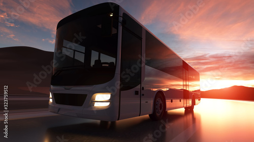 Tourist bus driving on a highway at sunset backlit by a bright orange sunburst. 3d rendering