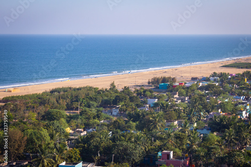 Breathtaking view of Pulicat(also called as Pazhaverkadu) village and the bay of bengal coastline, Tamil Nadu, India. Aerial view of Pulicat beach from Pulicat lighthouse. © Manivannan T