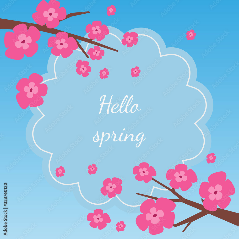 Card with cherry blossom with text 'Hello spring'. Card with cherry blossom with text 'Hello spring'.