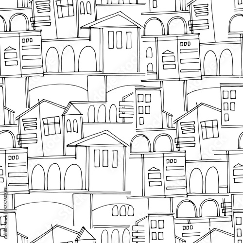 Seamless pattern, black and white cityscape with historical buildings and archways, for surface design and other design projects