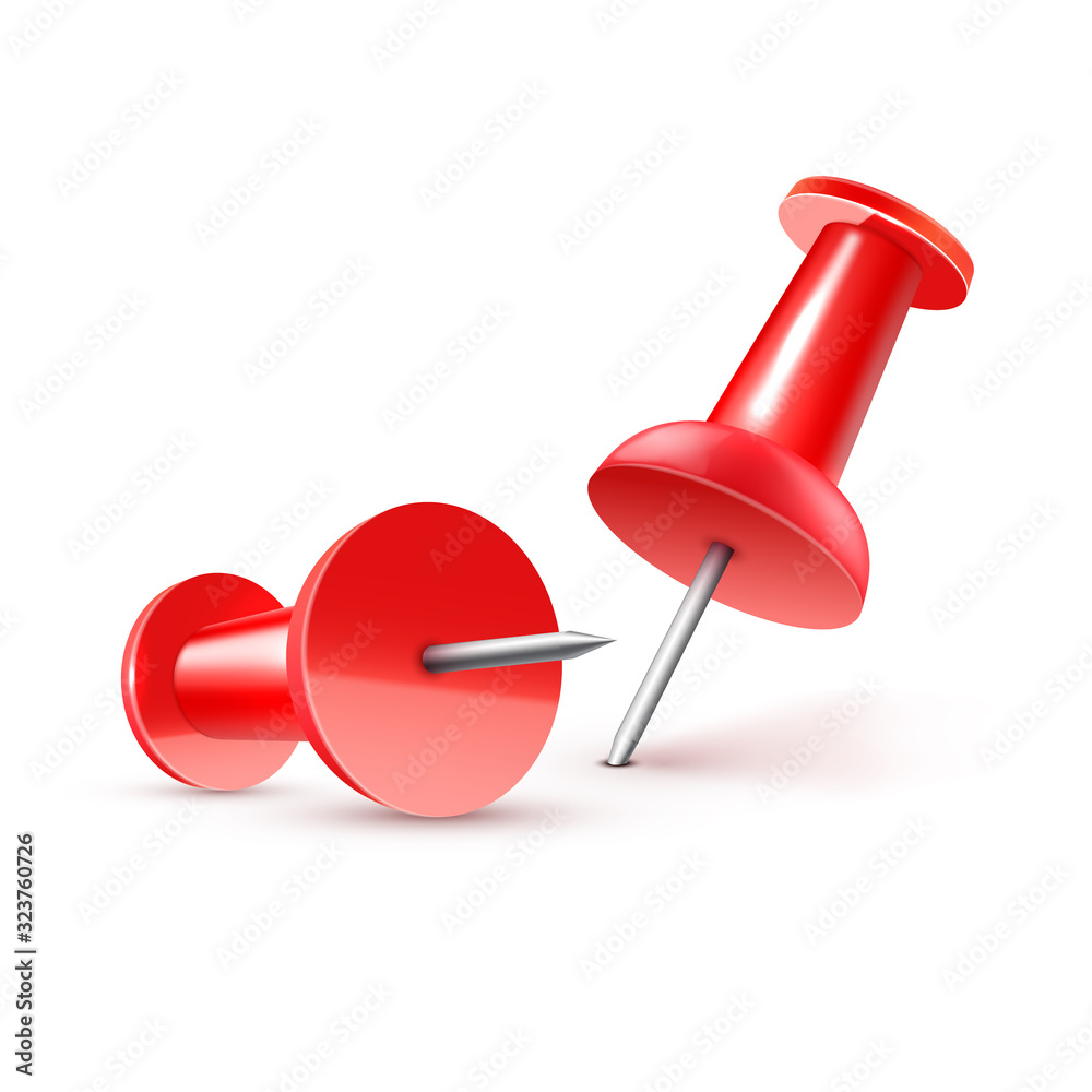 Realistic vector plastic glossy red push pin 3D vector icon on white background. Realistic vector plastic glossy red push pin 3D vector icon on white background.