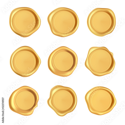 Wax seal collection. Gold stamp wax seal set isolated on white background. Realistic guaranteed golden stamps. Realistic 3d vector