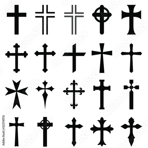 Christian crosses vector icon set. The cross is a symbol of Christianity. The death of Jesus Christ. Decorative  crucifix religion catholic symbol, orthodox faith church cross design.