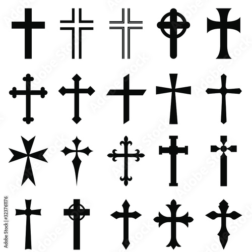 Christian crosses vector icon set. The cross is a symbol of Christianity. The death of Jesus Christ. Decorative crucifix religion catholic symbol, orthodox faith church cross design.