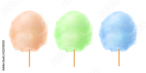 Cotton candy set. Realistic orange, green, blue cotton candies on wooden sticks. Summer tasty and sweet snack for children. 3d vector realistic illustration isolated on white background