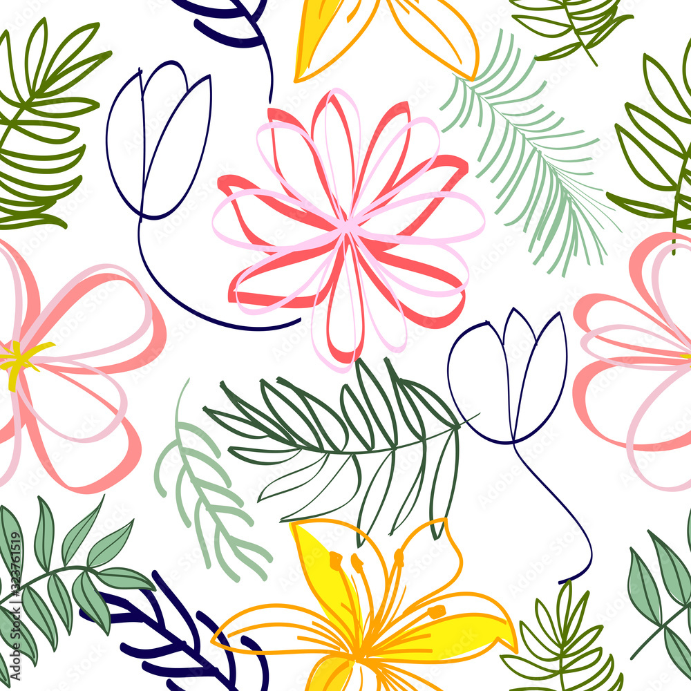 Vector seamless pattern with abstract flowers, leaves on white background Vector seamless pattern with abstract flowers, leaves on white background