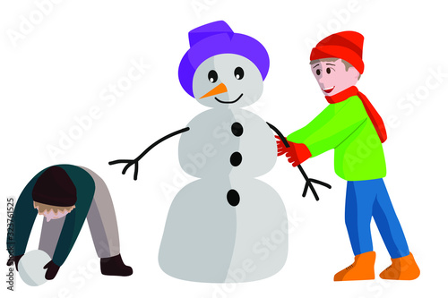 Children play in winter and make a snowman. Two boys and a snowman. Illustration in flat style.