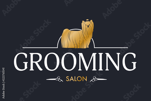 Vector logo for pet styling and grooming shop, hair salon, pet store  signboard for dogs, web site design. Horizontal illustration with golden yorkshire terrier and scissors on black background.