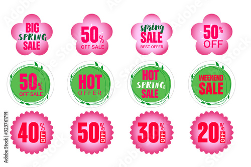 Set of spring stickers in form of sakura flower and leaves. Vector elements for 50%, 40%, 30%, 20% discount tags, promotion stickers, lables, flyer, banner, button and poster design.