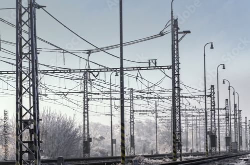 Power lines. Energy in winter.