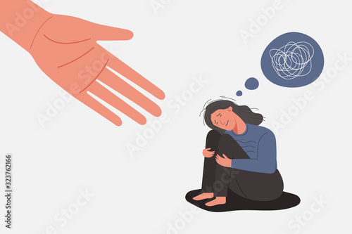 human helps sad and unhappy young woman in depression sitting on her knees, lonely girl with bewildered on her mind, sorrow, mental health concept, cartoon female character vector flat illustration