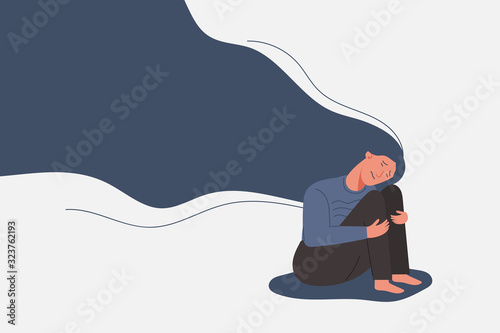 sad and unhappy young woman in depression sitting and hugging her knees, lonely girl with flying hair, sorrow, sadness, mental health concept, cartoon female character vector flat illustration