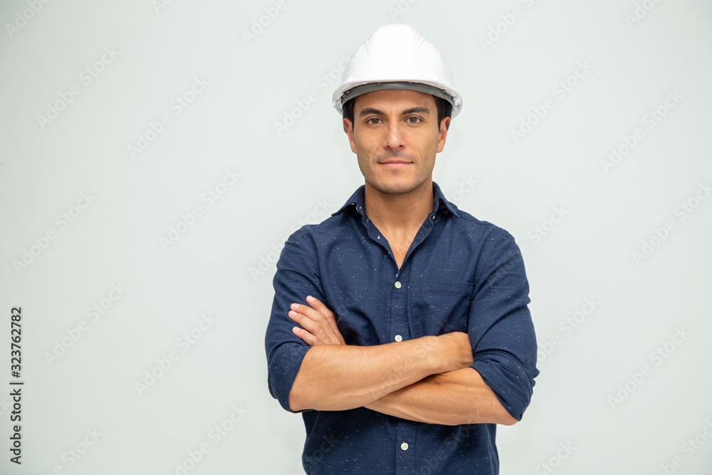 Handsome man industrial engineer wearing a white helmet solated on white background - obrazy, fototapety, plakaty 