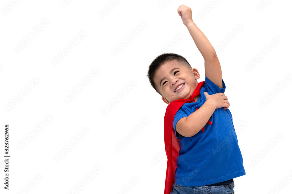 Asian boy with funny little power of hero isolated on white background, Superhero concept Asian boy with funny little power of hero isolated on white background, Superhero concept