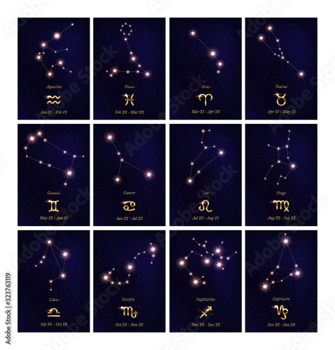 Zodiac constellation vector illustrations set. Astrological symbols on dark blue starry background. Horoscope signs banner templates collection. Astrology calendar. Virgo, gemini, scorpio, leo signs