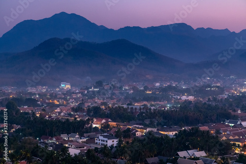 Viewpoint of Luang Prabang city at Phusi hill with Mekong River and twilight sky, Luang Prabang, Laos