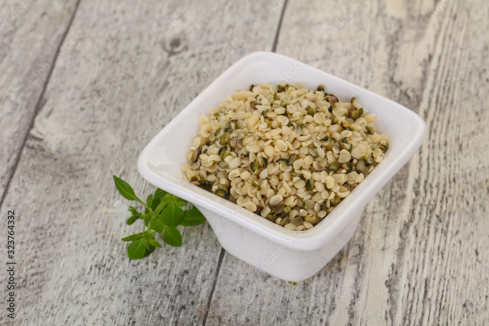 Peeled hemp seeds in the bowl Peeled hemp seeds in the bowl