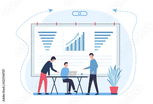 Vector business concept. A team of analysts works on strategic planning, market research, increasing profits, reducing costs, analyzing growth rates, and conducting training. Illustration for website.