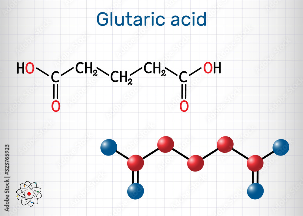 Glutaric acid, C5H8O4 molecule. It is simple five-carbon linear dicarboxylic acid.  Structural chemical formula and molecule model. Sheet of paper in a cage