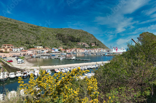 Panorama of the small port of the island of Capraia in the Tuscan Archipelago Italy