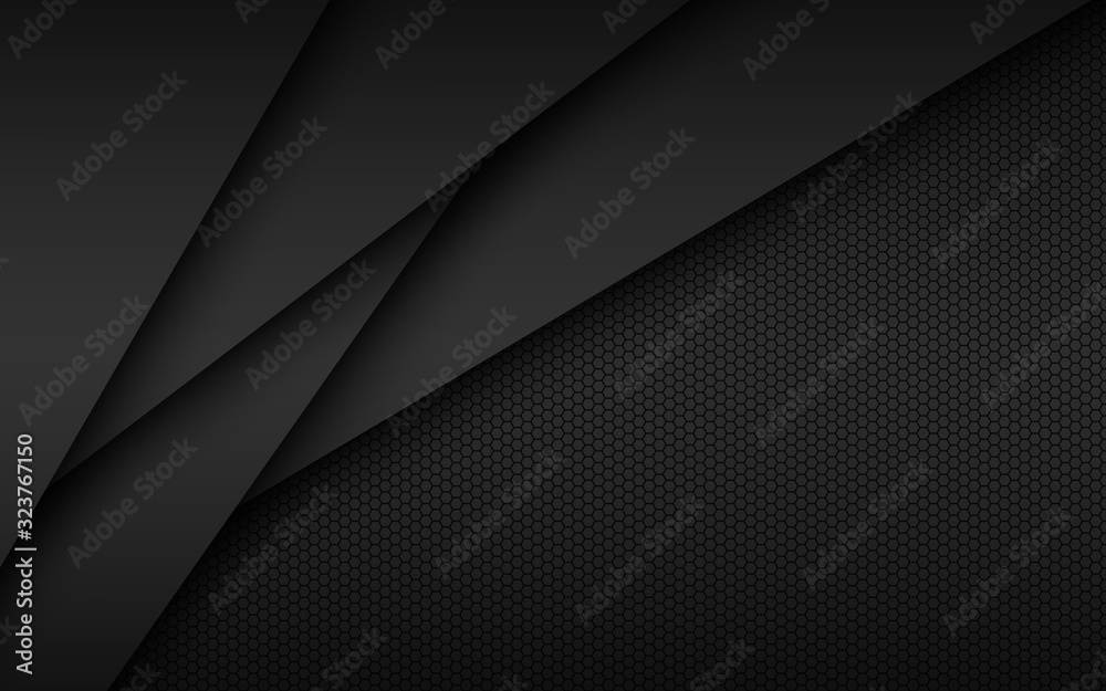 Black modern material design with hexagonal pattern, dark overlayed sheets of paper, corporate template for your business, vector abstract widescreen background Black modern material design with hexagonal pattern, dark overlayed sheets of paper, corporate template for your business, vector abstract widescreen background