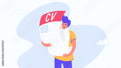 Happy smiling man hugging big cv fulfilled form to hr