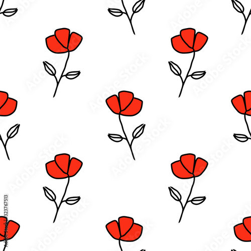 Hand drawn red flower seamless repeat pattern for wrapping paper.