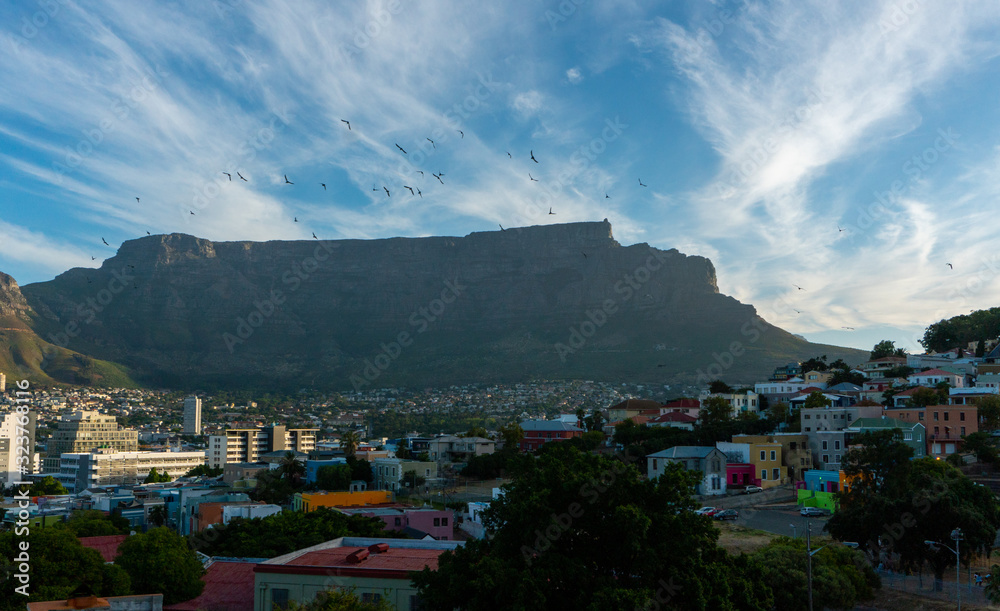 View to Table Mountain in a cloudy day from Bo-Kaap or Malay Quarter district. Wallpaper concept . Horizontal photo.