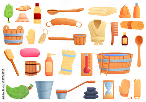 Sauna icons set. Cartoon set of sauna vector icons for web design