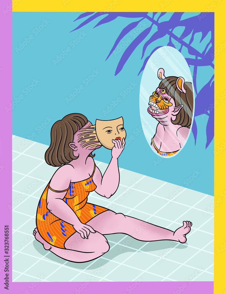 Naklejka premium girl with mask in front of mirror