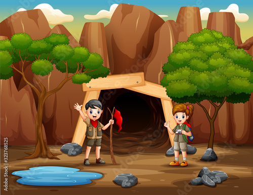 Scene with scout kids hiking in the mine