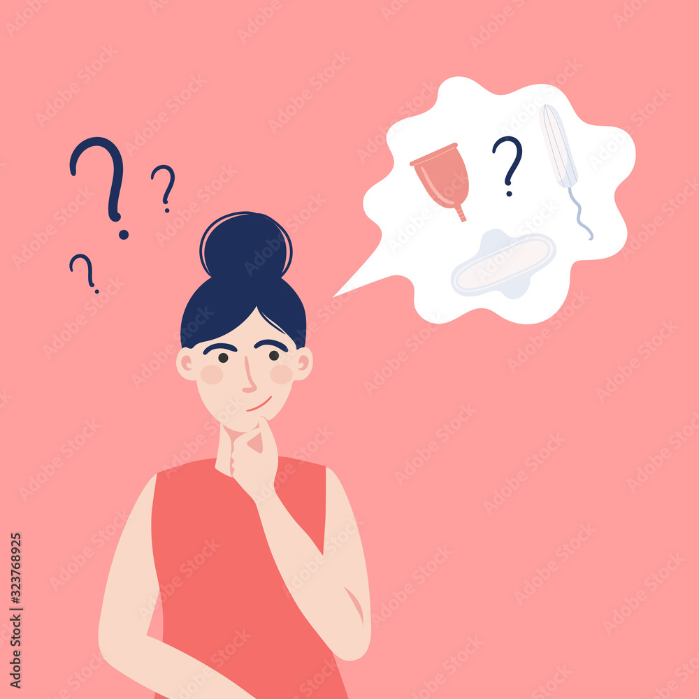Young woman choosing between sanitary pad, tampon and menstrual cup. Personal feminine hygiene items. Vector flat cartoon illustration Young woman choosing between sanitary pad, tampon and menstrual cup. Personal feminine hygiene items. Vector flat cartoon illustration