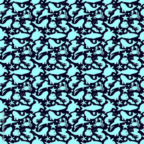 Seamless pattern with ocean animals and seaweed in cartoon isolated on blue background.Simple silhouette.Vector illustration.