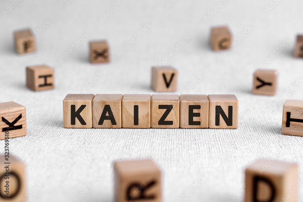 Kaizen words from wooden blocks with letters, a Japanese business