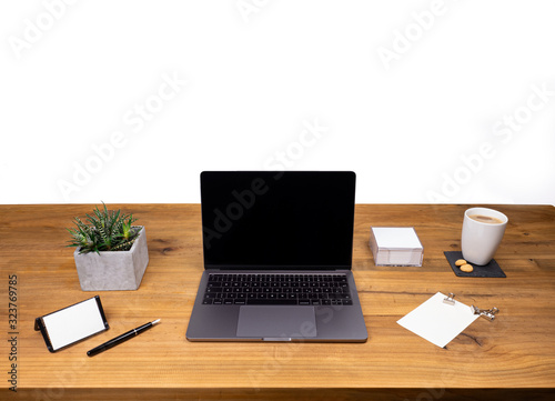 Table shot desk view with pencil a plant, coffee, workspace, business, laptop and notes