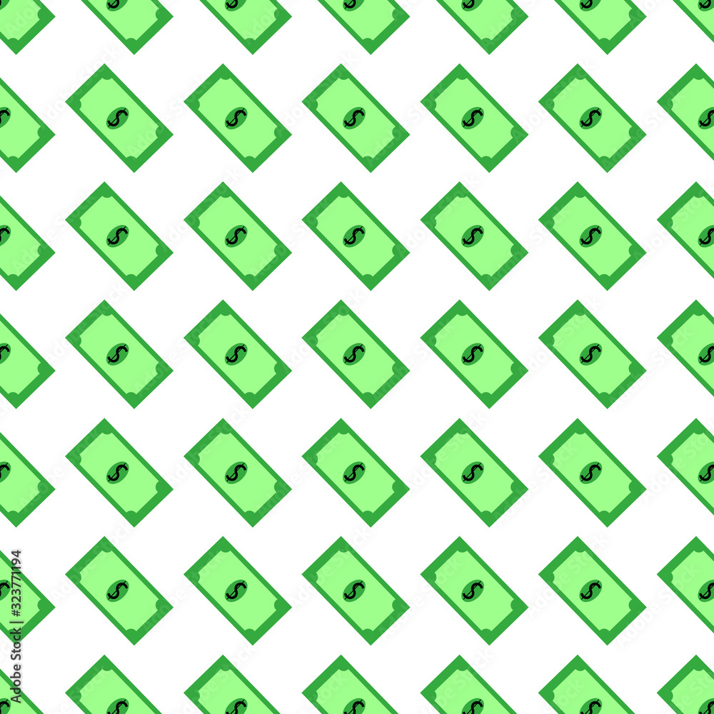 Simple seamless pattern. Green dollars on a white background. For the design of wrapping paper. Simple seamless pattern. Green dollars on a white background. For the design of wrapping paper.