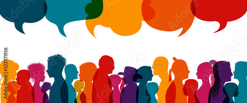 Dialogue group of diverse people.Group of families.Communication multiethnic people. Crowd talking.Sharing information and ideas.Silhouette.Speak discussion.Globalization.Speech bubble