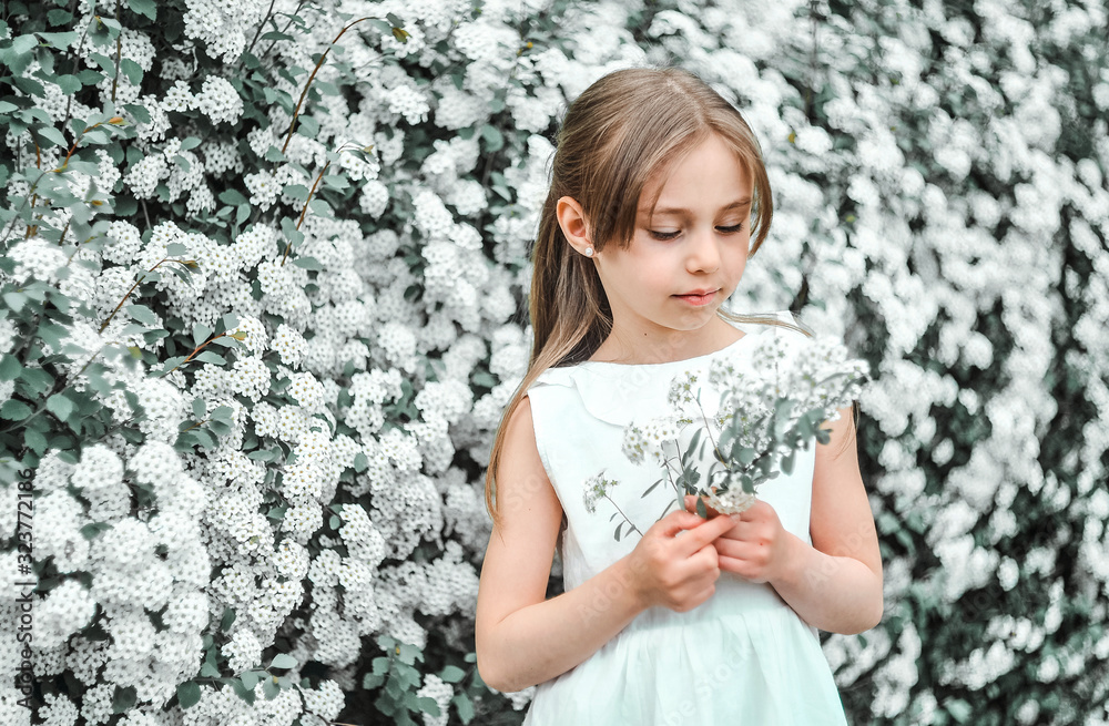 Little girl posing in blooming flowers garden. Spring concept. Little girl posing in blooming flowers garden. Spring concept.