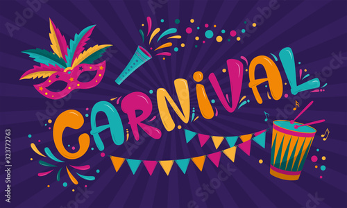 Carnival poster design with dark purple background. Rio Carnival colorful inscription with mask, garland and drum. Vector template with Colorful Party Elements. Brazilian Rhythm, Dance and Music.