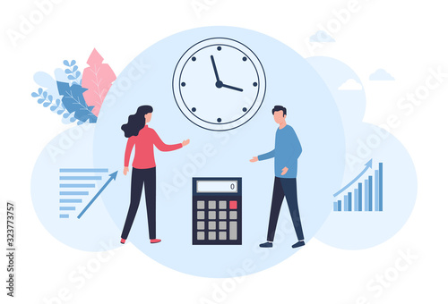 Vector illustration of analytics and planning concept. A young family calculates income, expenses and taxes, plans a budget, accounting and risk assessment. Analytics and planning, investments