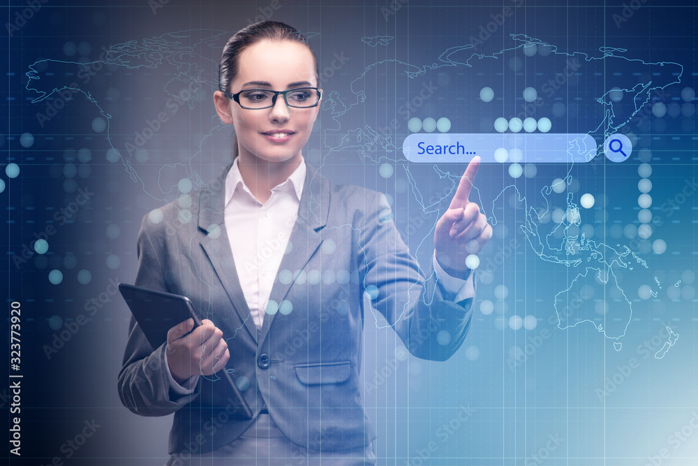 Search concept with businessman pressing button Search concept with businessman pressing button
