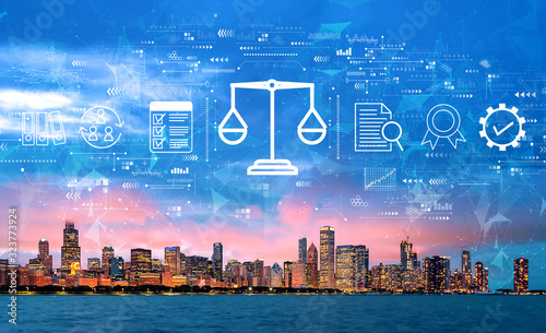 Legal advice service concept with downtown Chicago cityscape skyline with Lake Michigan photo
