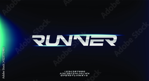 Runner, an abstract sporty technology alphabet font. digital space typography vector illustration design	