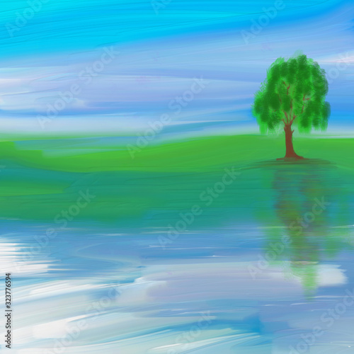 picturesque landscape of green pasture with a tree by the river and reflection painted with acrylic and oil paint