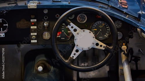 Details of interior classic car. Classic car steering wheel © sarymsakov.com