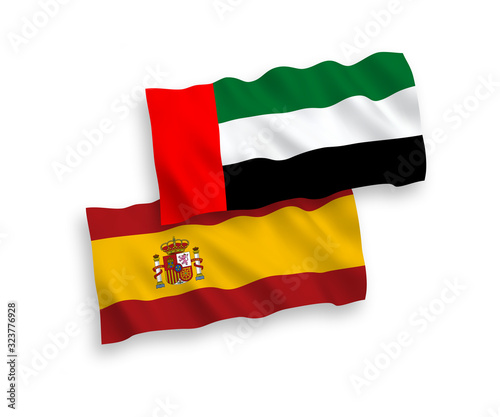 Flags of United Arab Emirates and Spain on a white background