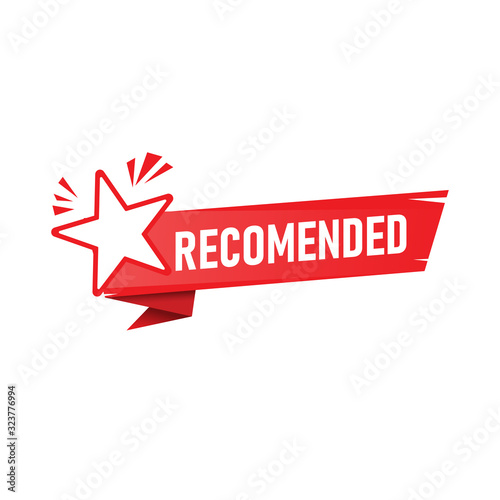 red vector illustration banner recommended with star. Recomended Content Sticker with red background. Red Advertising Sticker.