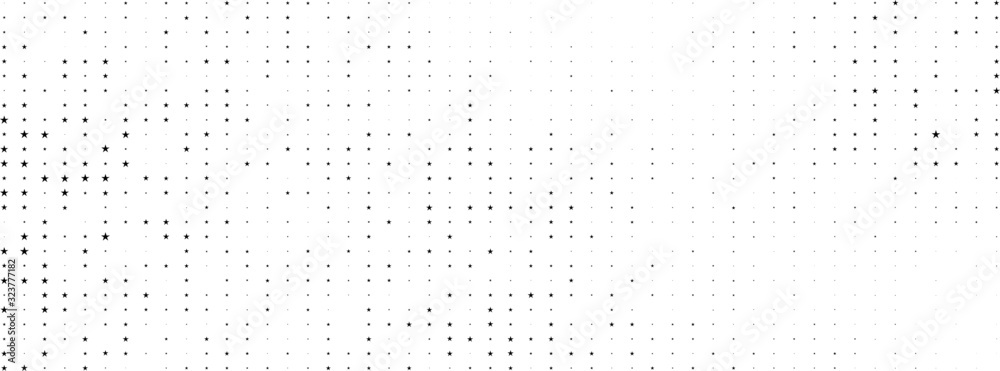 Black vector stars on transparent white background. Halftone modern festive banner. Gift wrapping paper. Holiday Xmas BG for premium luxury design, invitation card. Fairytale magic galaxy. Chick style